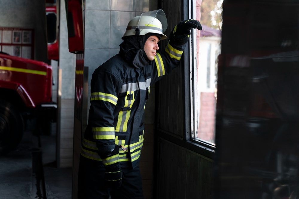 775790 - AF Vidrio | ComunicaTech.Com Firefighter in full gear leaning against a doorway, looking out a window from inside a fire station.