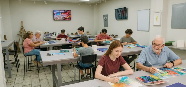 A classroom where several people of varying ages sit at long tables painting with watercolors and brushes, bright art supplies and papers in front of them.