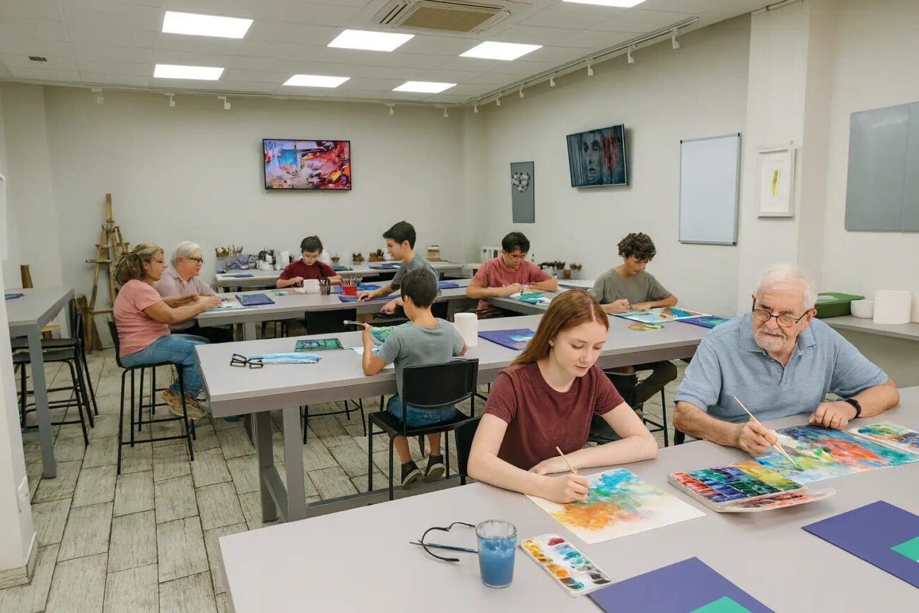 777586 - MJ Mariscal | ComunicaTech.Com A classroom where several people of varying ages sit at long tables painting with watercolors and brushes, bright art supplies and papers in front of them.