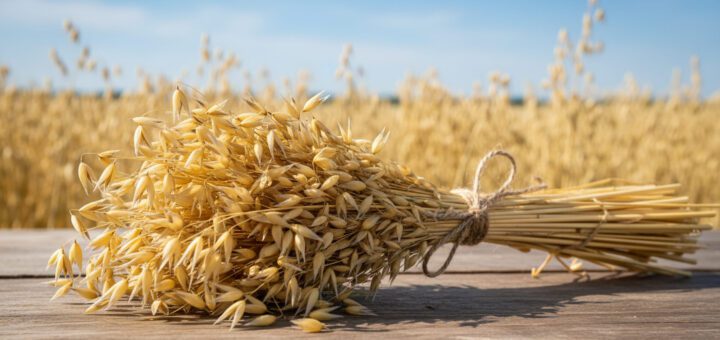 Bundle of golden wheat stalks tied with twine resting on a wooden surface, with a grain field in the background.