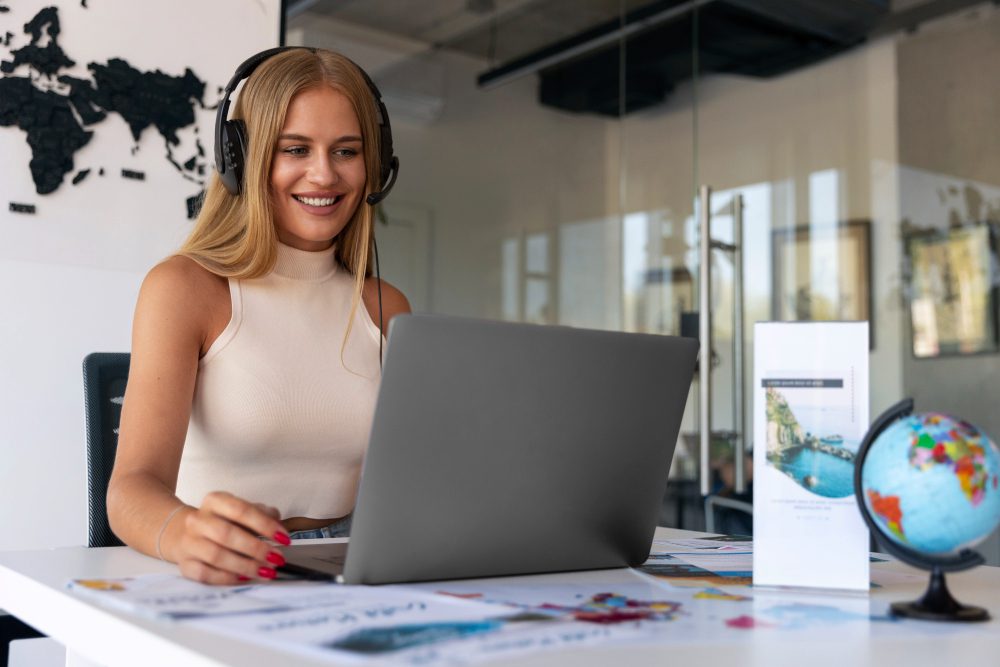 780487 - Level | ComunicaTech.Com Woman wearing a headset and smiling at a laptop on a white desk with a world map wall behind her.