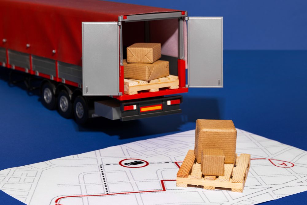 Toy red trailer truck with open back doors, boxes on a pallet next to a printed map layout.