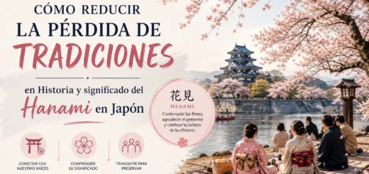 Blog cover about reducing the loss of traditions; cherry blossoms, a Japanese castle by a river, people in kimonos seated on the shore; title mentions Hanami and the history/meaning of Hanami in Japan.