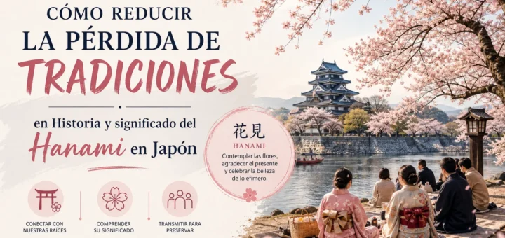 Blog cover about reducing the loss of traditions; cherry blossoms, a Japanese castle by a river, people in kimonos seated on the shore; title mentions Hanami and the history/meaning of Hanami in Japan.