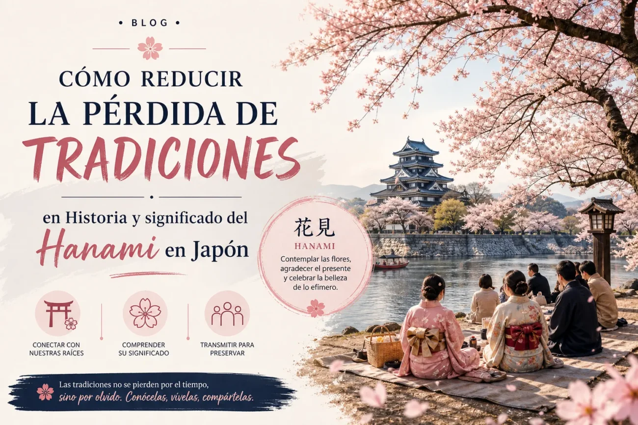 Blog cover about reducing the loss of traditions; cherry blossoms, a Japanese castle by a river, people in kimonos seated on the shore; title mentions Hanami and the history/meaning of Hanami in Japan.